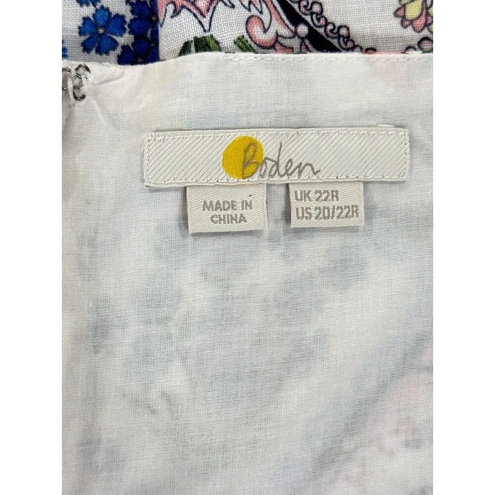 Boden Midi Dress Blue Sweetheart Linen Floral Patchwork Puff Sleeve Boho 20/22